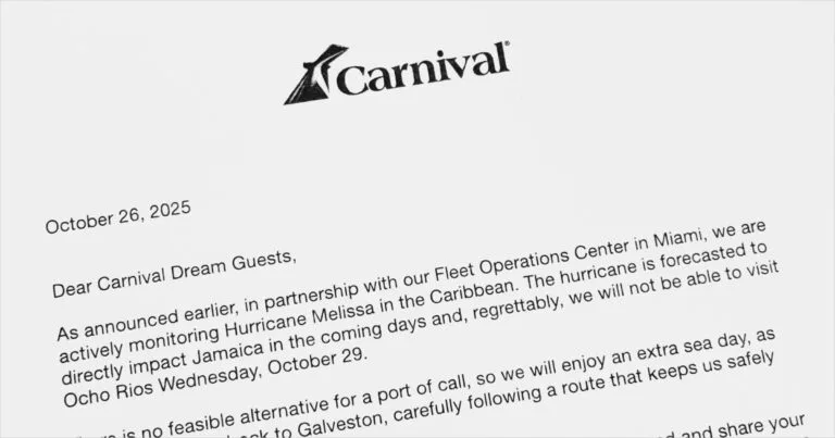 Official letter to guests confirms Carnival Dream's Jamaica Stop Cancelled due to Hurricane Melissa