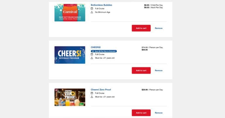 Comparison of Carnival drink package options
