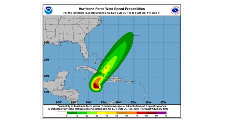 National Hurricane Center map showing Hurricane Melissa wind probabilities, captured October 26, 2025, 11:15 a.m. ET.