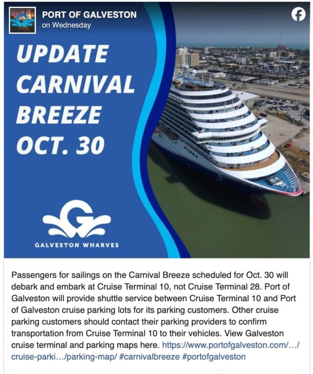 Screenshot of Port of Galveston Facebook post announcing terminal change for Carnival Breeze on October 30, 2025.