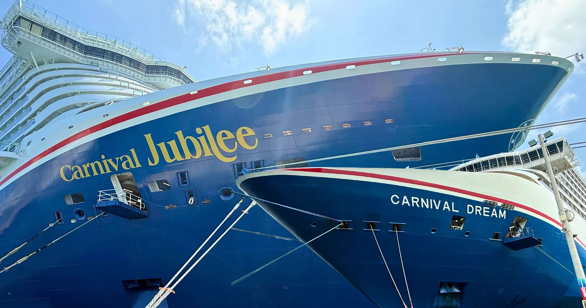 Split photo of Carnival Dream and Carnival Jubilee docked in Galveston.