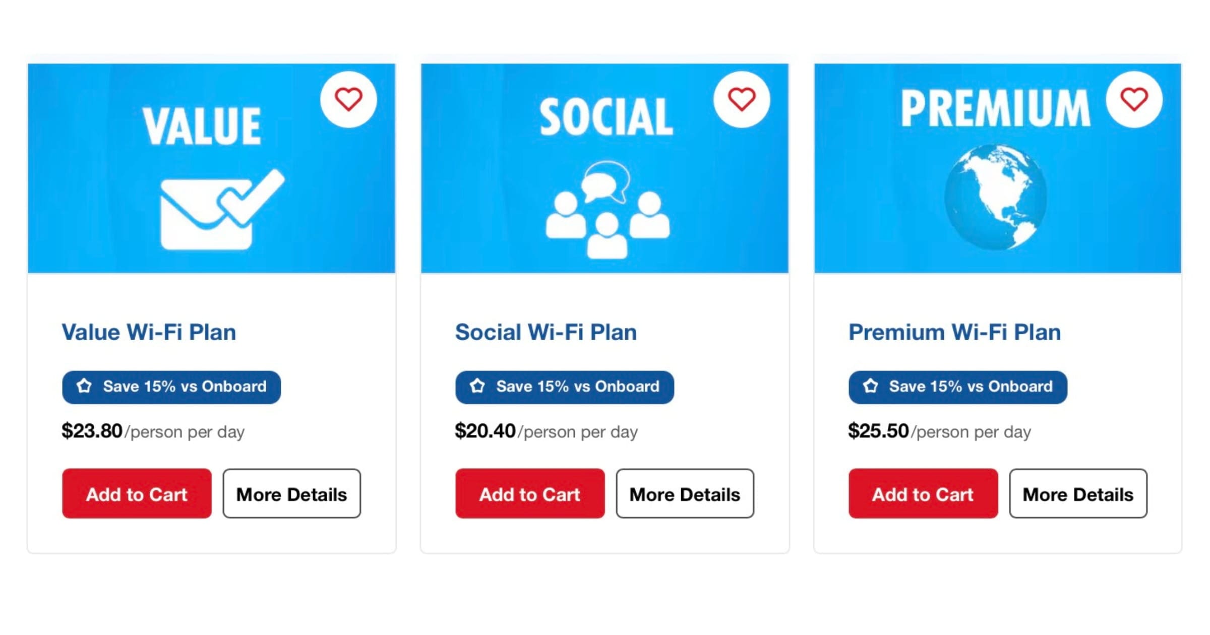 Carnival Internet Plan pricing for a 2026 sailing, shown inside the guest booking portal.