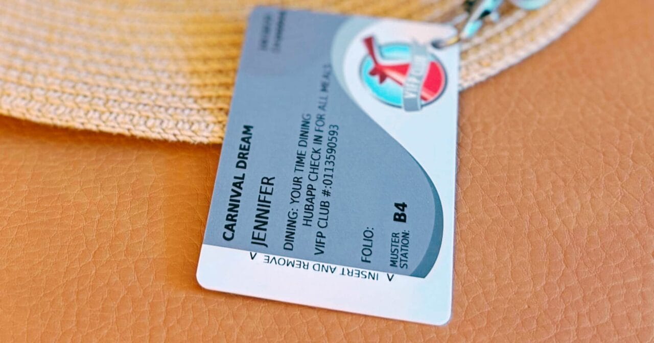 Close-up of a Carnival platinum Sail & Sign card showing a guest’s current Carnival loyalty program VIFP status before the new Carnival Rewards program launches in June 2026.