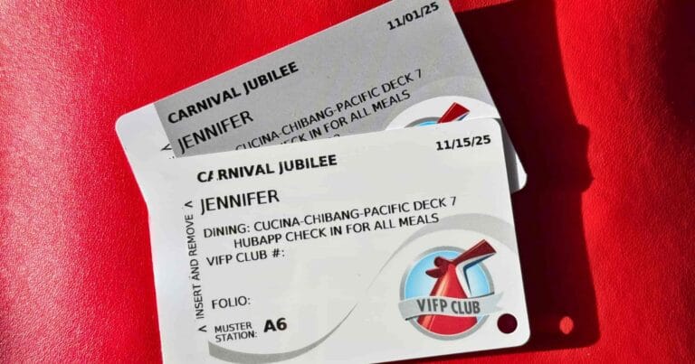 Two Carnival Jubilee Sail & Sign cards on a red background showing Platinum and Diamond VIFP status.