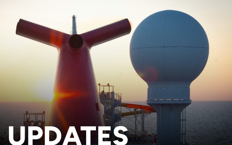 Carnival ship funnel and radar at sunset representing Carnival cruise updates and news.